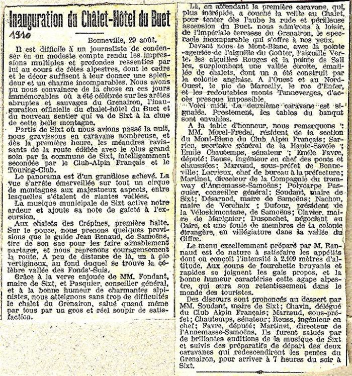 Inauguration du Chalet-hotel du Buet (Grenairon) - 1910
