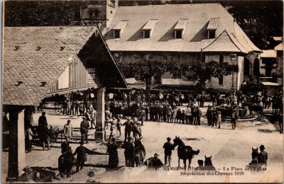 Réquisition des chevaux sur la place de l’Église à Samoens en 1918