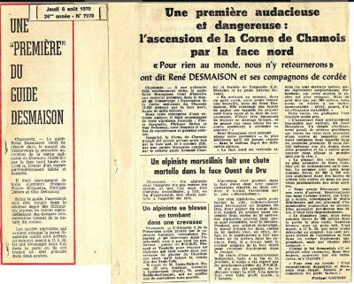 Article de journal sur l'ascension de la Corne de Chamois par la face de Nord de René DESMAISON et ses compagnons de cordée - 1970