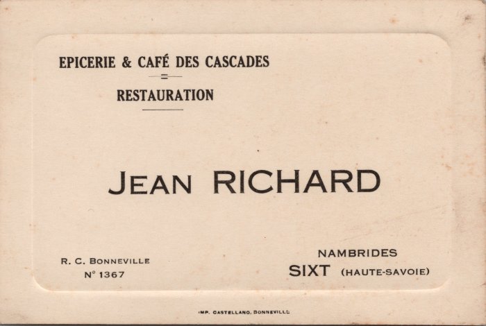 Carte de visite du Café des Cascades à Nambride