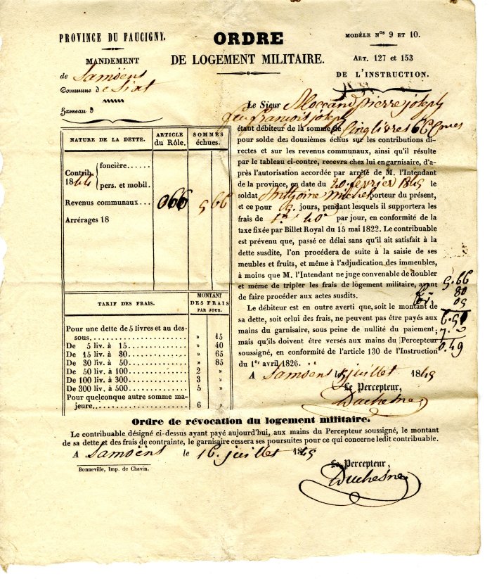 Ordre de logement militaire pour Pierre Joseph MOCCAND datant de 1849 