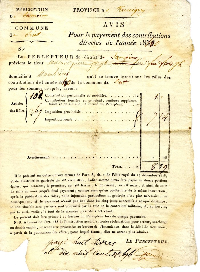 Avis pour le payement des contributions directes de l'année 1840